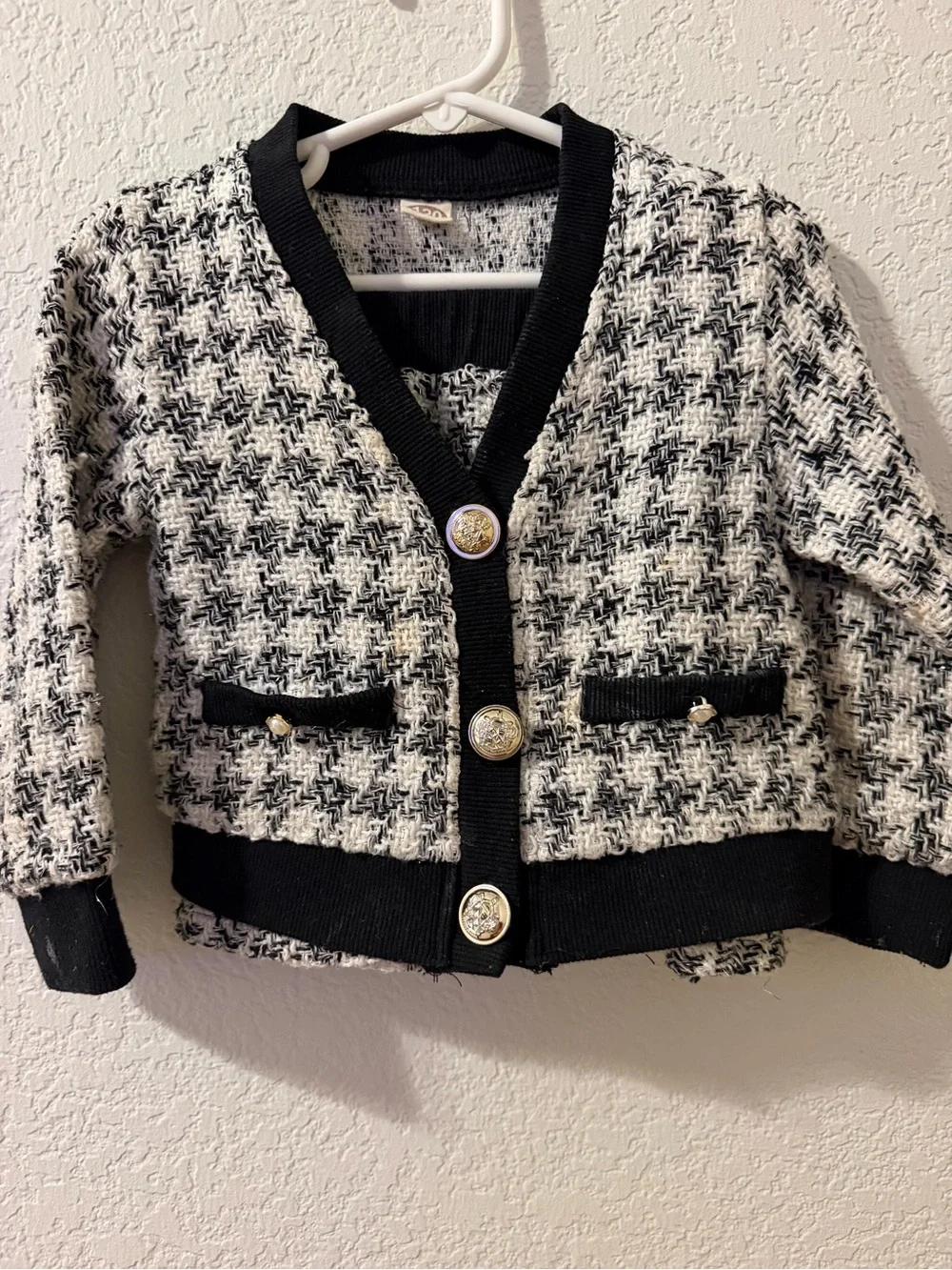 Girls Black & White Houndstooth Tweed Blazer Cardigan with Gold Buttons